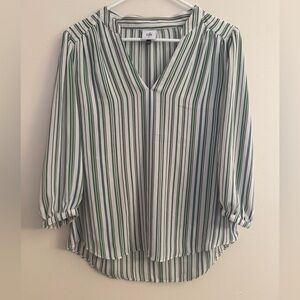 CAbi Awning Striped Blouse Size XS 3/4 Sleeves 5893 Academia Green White Black